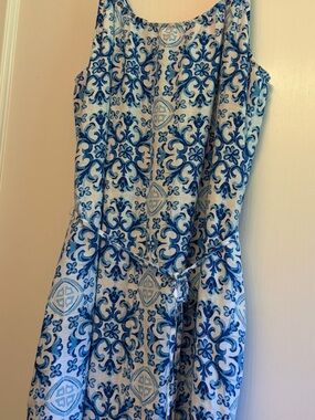 Beachy Summer Cape Sleeveless Blue Tile-Print Maxi Dress F1
